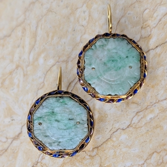 Vintage Chinese Jadeite Filigree Gilt Silver Carved Jade Enamel Dangle Earrings - Picture 10 of 10